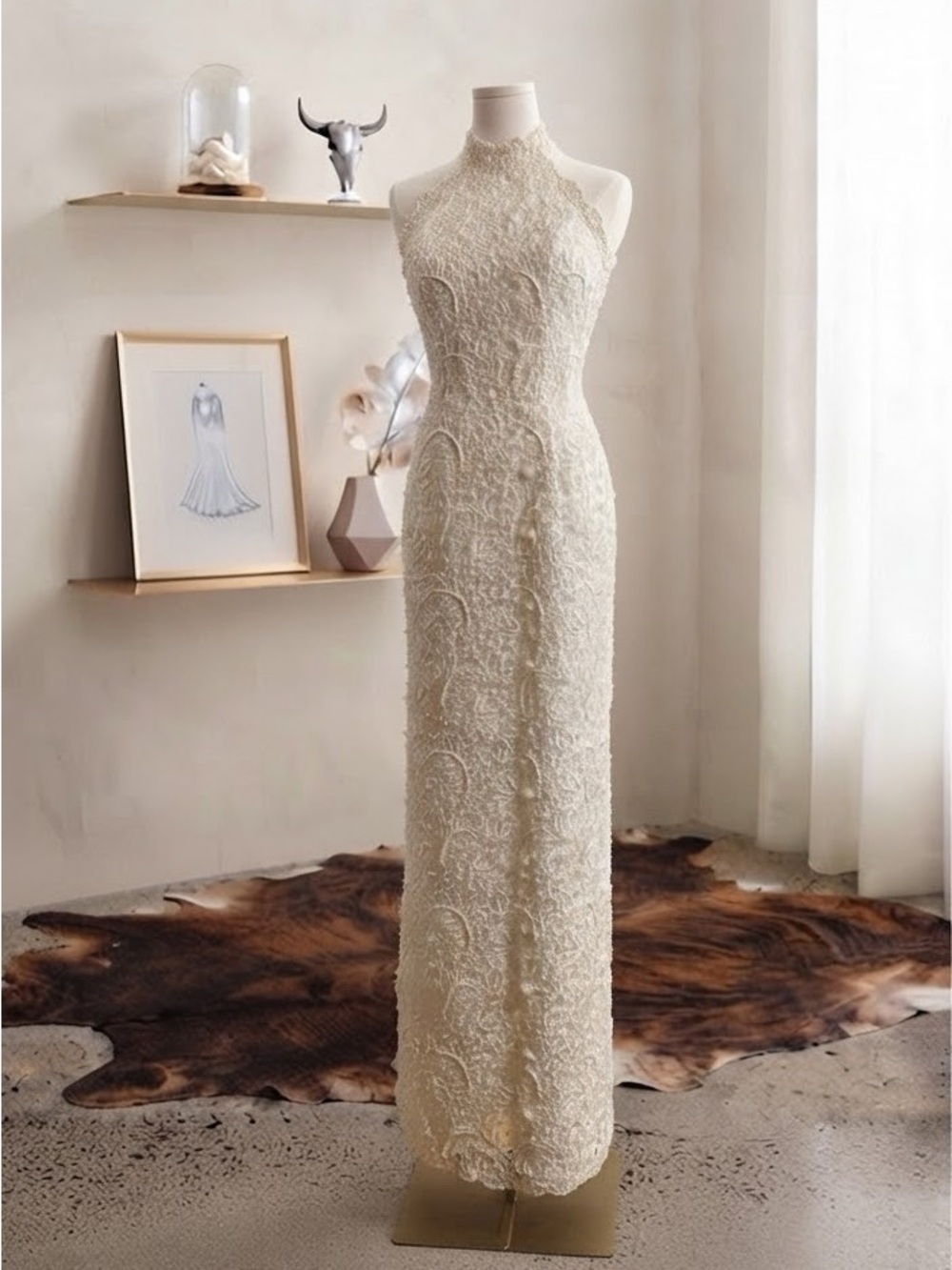 Gloria Vanderbilt Ivory Lace Halter Column Wedding Dress